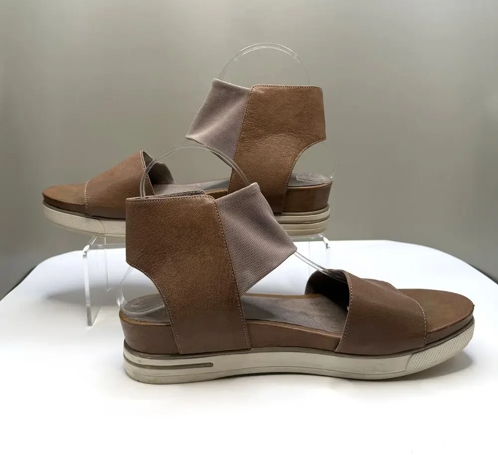 EILEEN FISHER Sandal Spree Sport Size 9 Tan Leather Stretch Mesh Ankle Strap